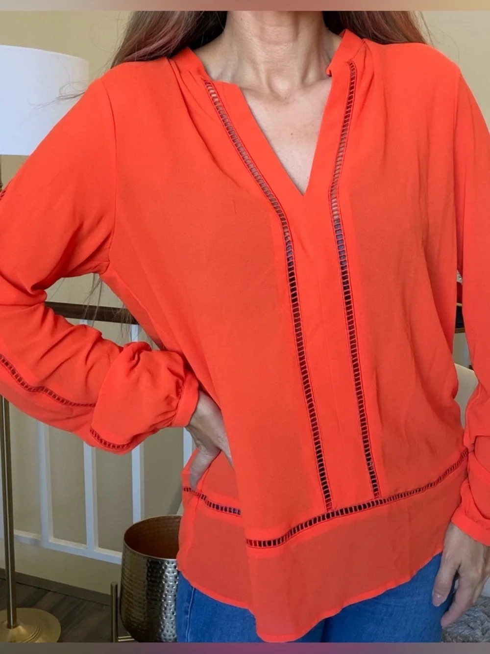 Michael Kors Mandarin Orange Pointelle Trim Long Sleeve Top V Neck Blouse M